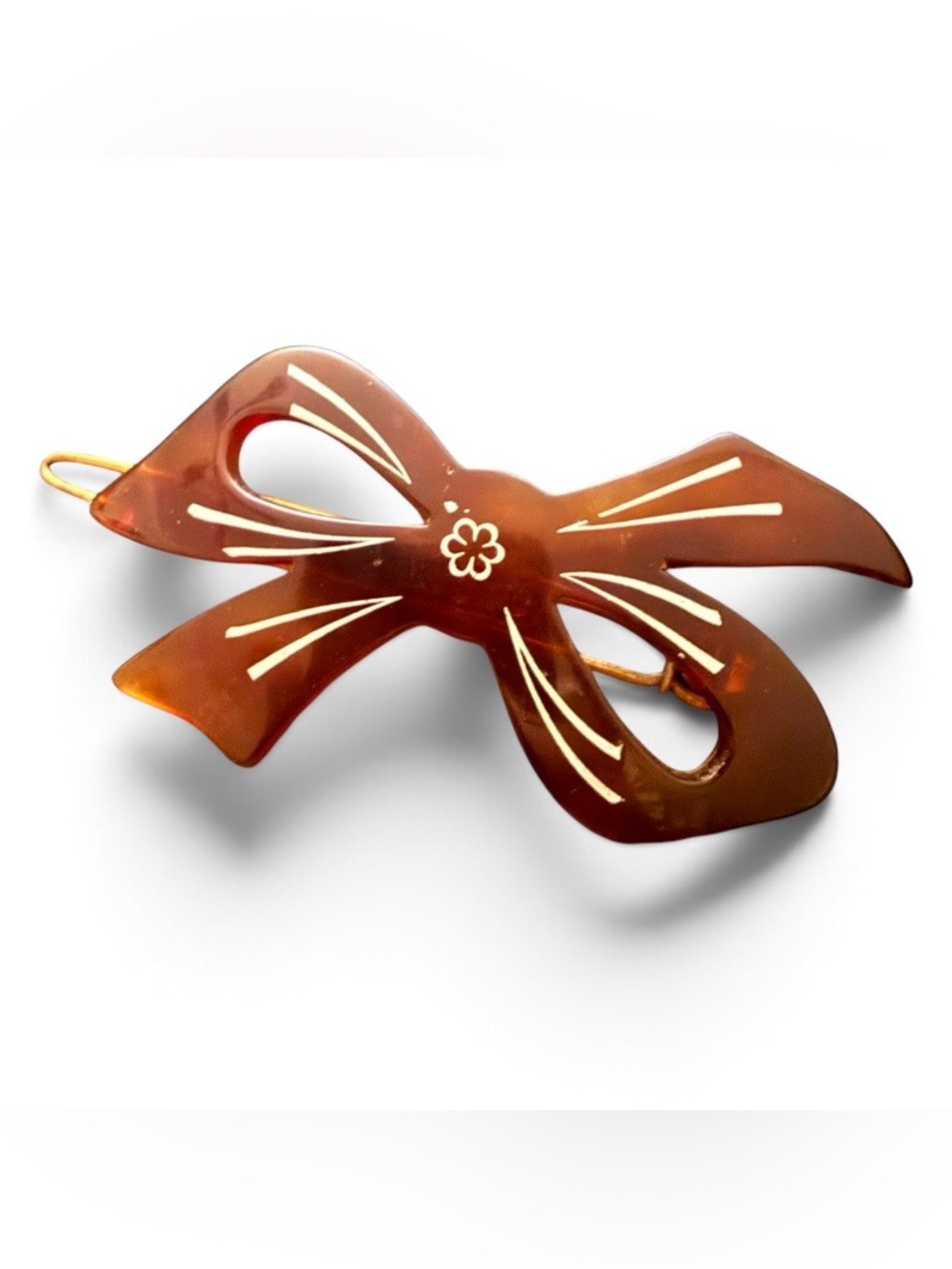 Vintage French Bow Barrette in Tortoiseshell Color with White Detail, 2.5” Long